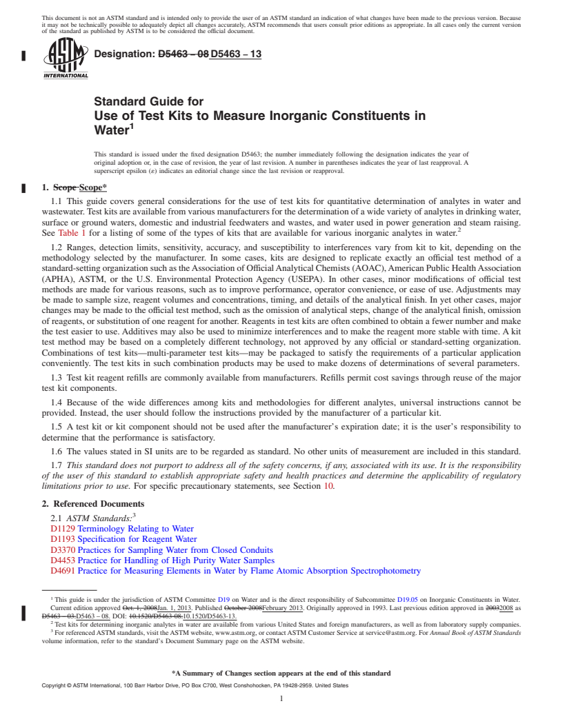 REDLINE ASTM D5463-13 - Standard Guide for  Use of Test Kits to Measure Inorganic Constituents in Water