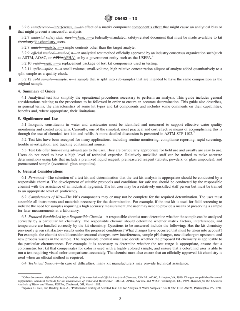 REDLINE ASTM D5463-13 - Standard Guide for  Use of Test Kits to Measure Inorganic Constituents in Water