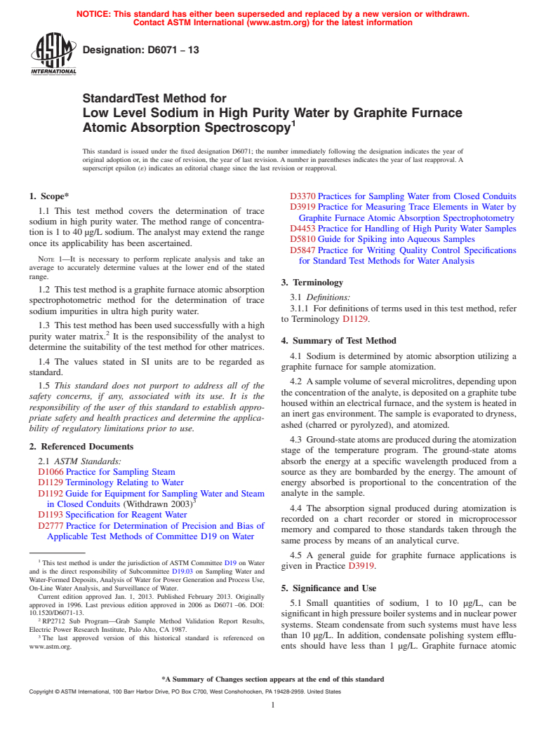 ASTM D6071-13 - Standard Test Method for  Low Level Sodium in High Purity Water by Graphite Furnace Atomic   Absorption Spectroscopy