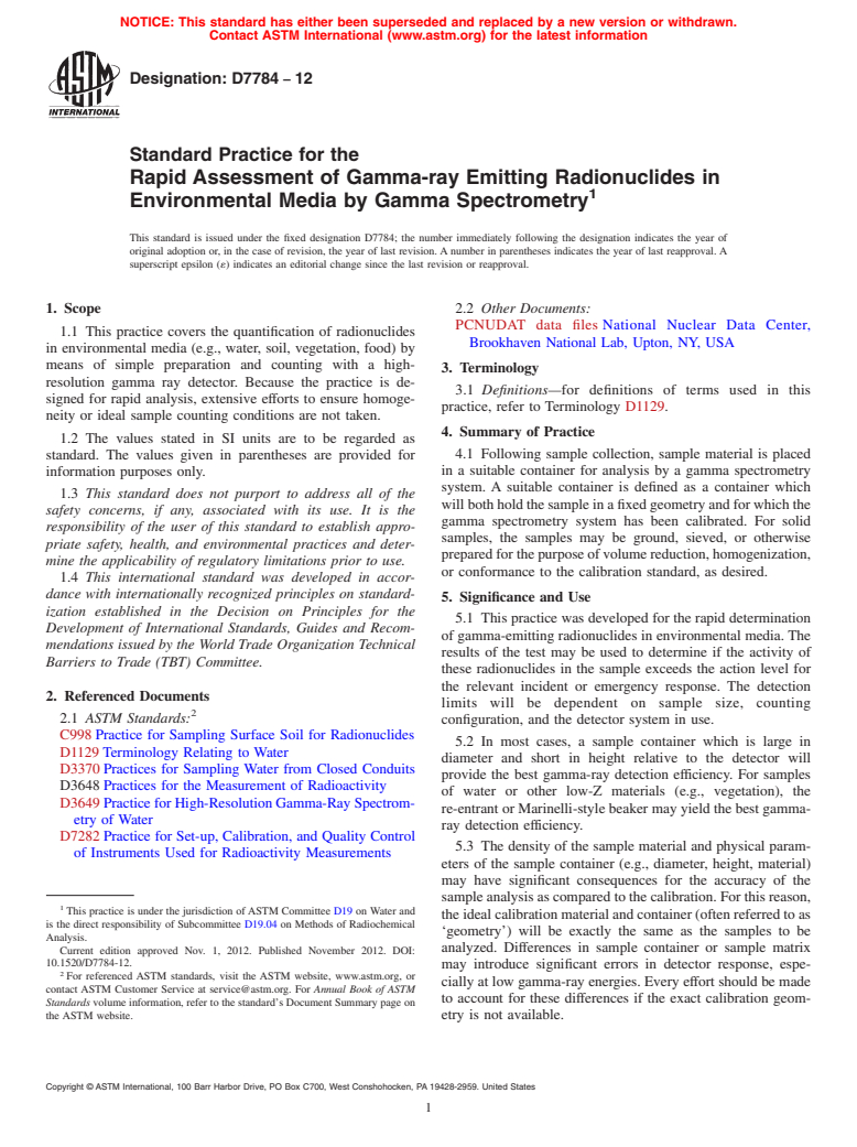 ASTM D7784-12 - Standard Practice for the Rapid Assessment of Gamma-ray Emitting Radionuclides in Environmental  Media by Gamma Spectrometry