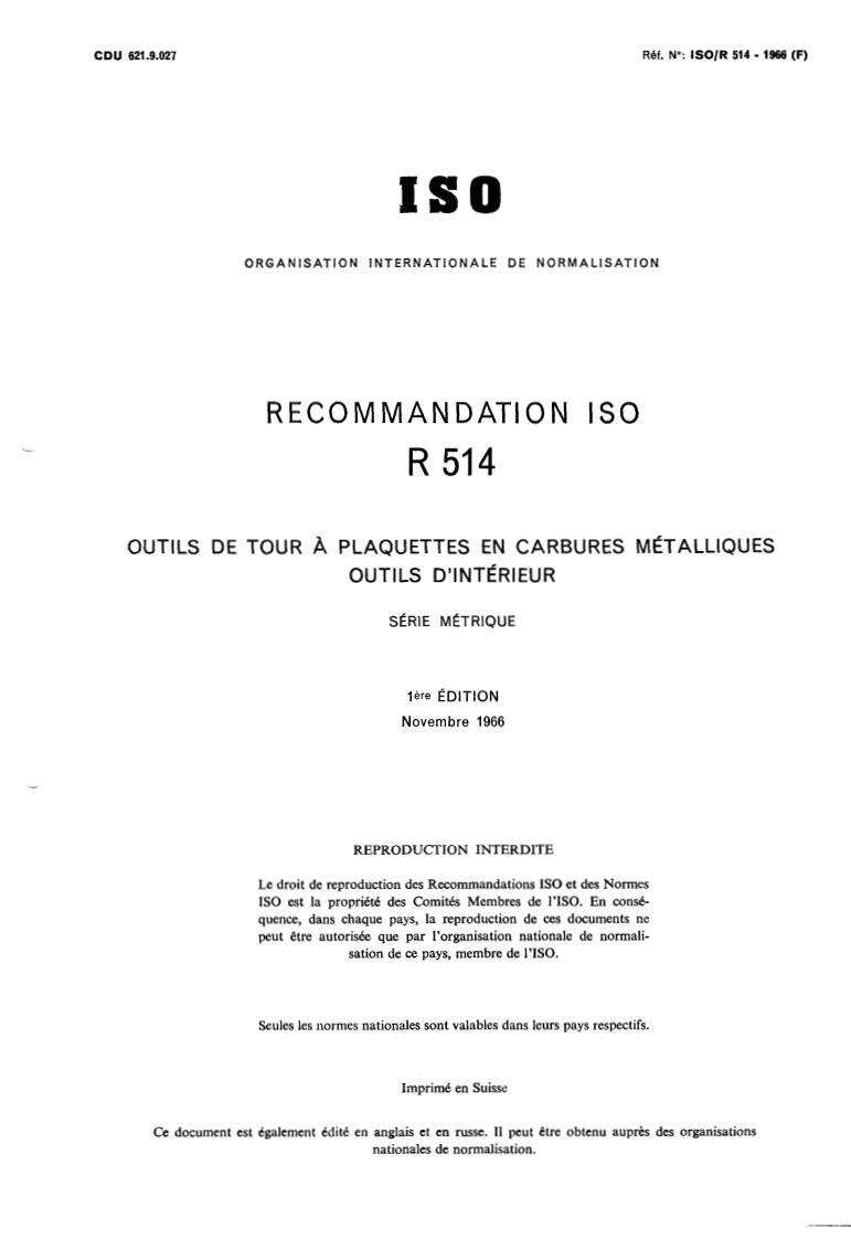 ISO/R 514:1966 - Title missing - Legacy paper document
Released:1/1/1966