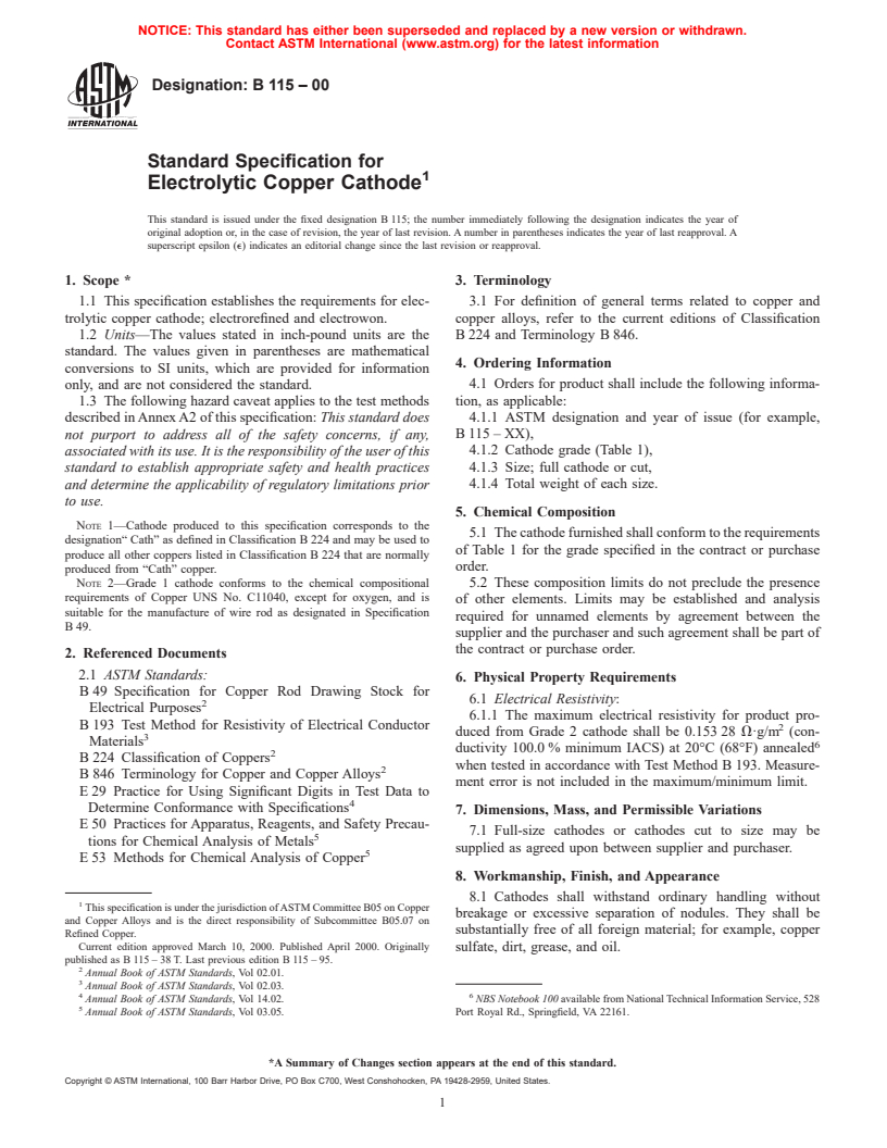 ASTM B115-00 - Standard Specification for Electrolytic Copper Cathode