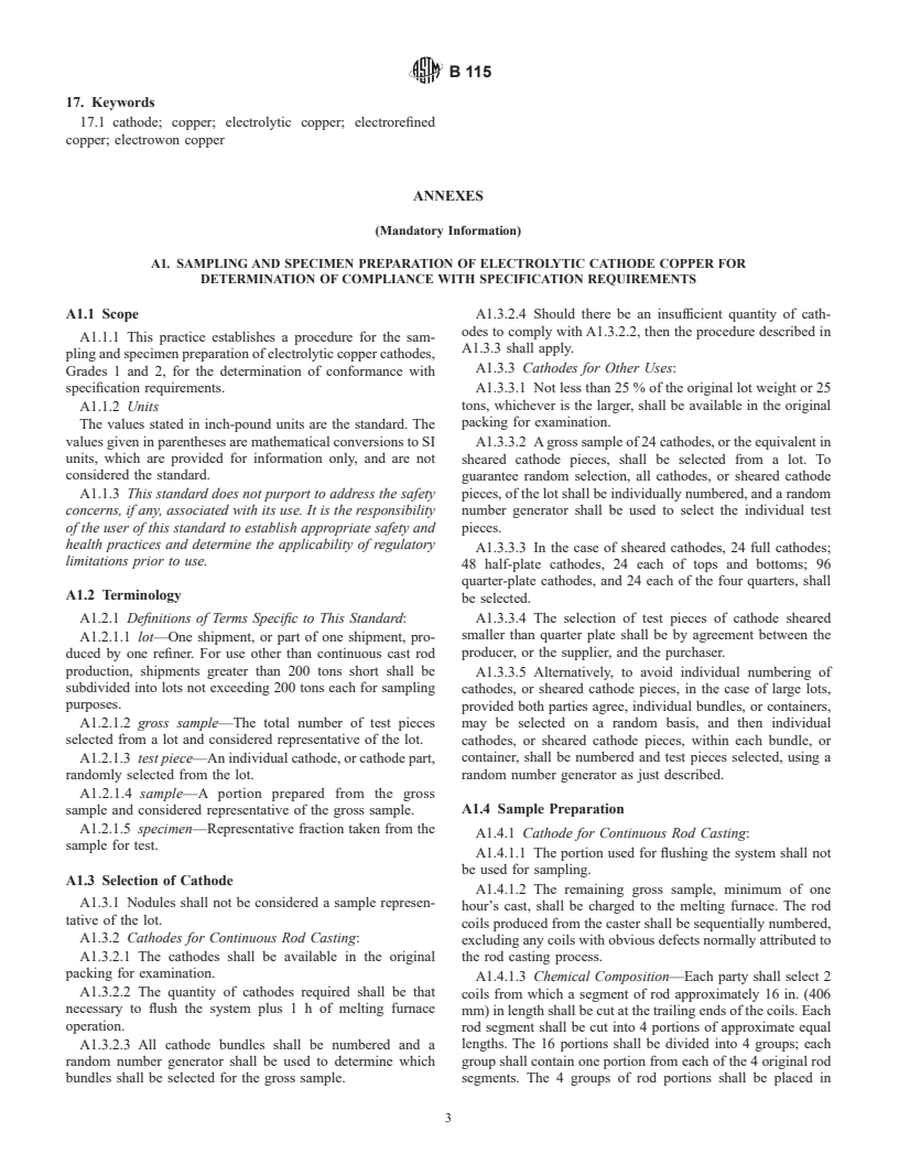 ASTM B115-00 - Standard Specification for Electrolytic Copper Cathode