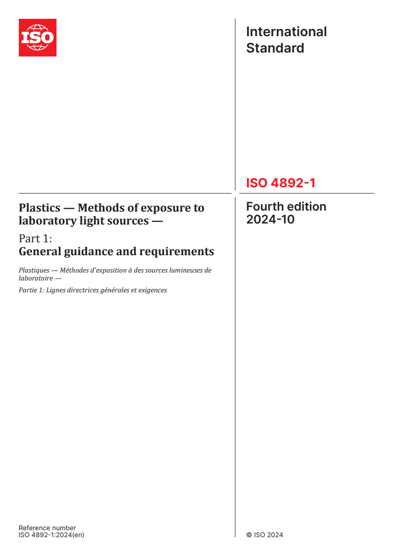 ISO 4892-1:2024 - Plastics — Methods of exposure to laboratory light sources — Part 1: General guidance and requirements
Released:2. 10. 2024