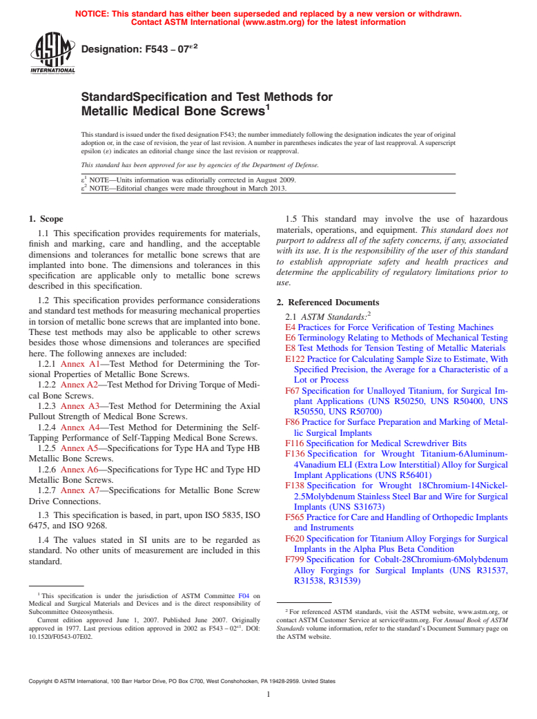 ASTM F543-07e2 - Standard Specification and Test Methods for  Metallic Medical Bone Screws