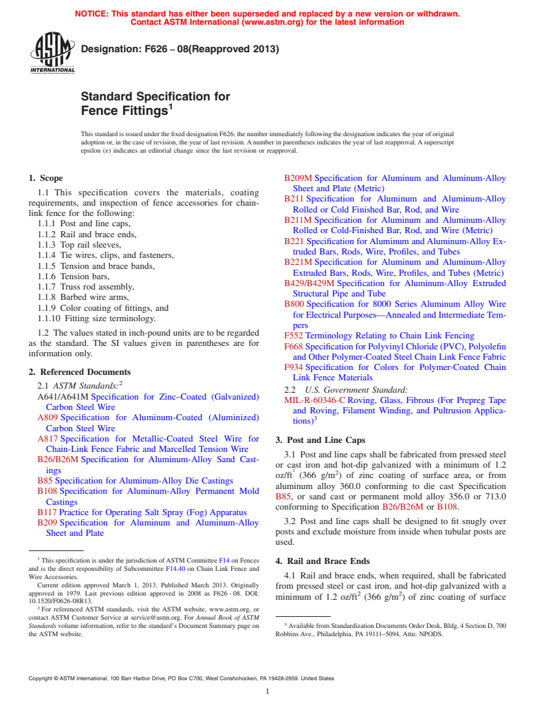 ASTM F626-08(2013) - Standard Specification for  Fence Fittings