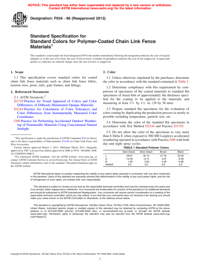 ASTM F934-96(2013) - Standard Specification for  Standard Colors for Polymer-Coated Chain Link Fence Materials