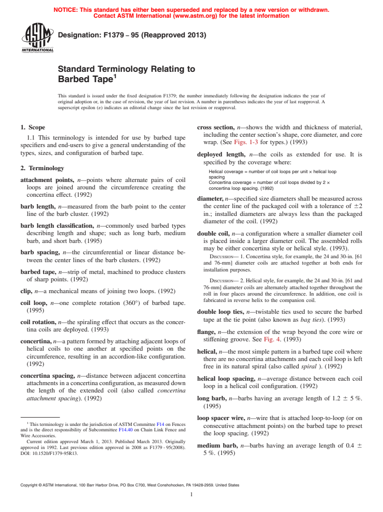 ASTM F1379-95(2013) - Standard Terminology Relating to Barbed Tape