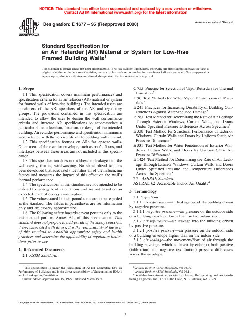 ASTM E1677-95(2000) - Standard Specification for an Air Retarder (AR) Material or System for Low-Rise Framed Building Walls