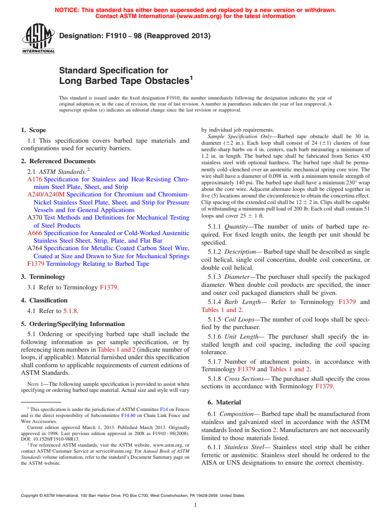 ASTM F1910-98(2013) - Standard Specification for  Long Barbed Tape Obstacles