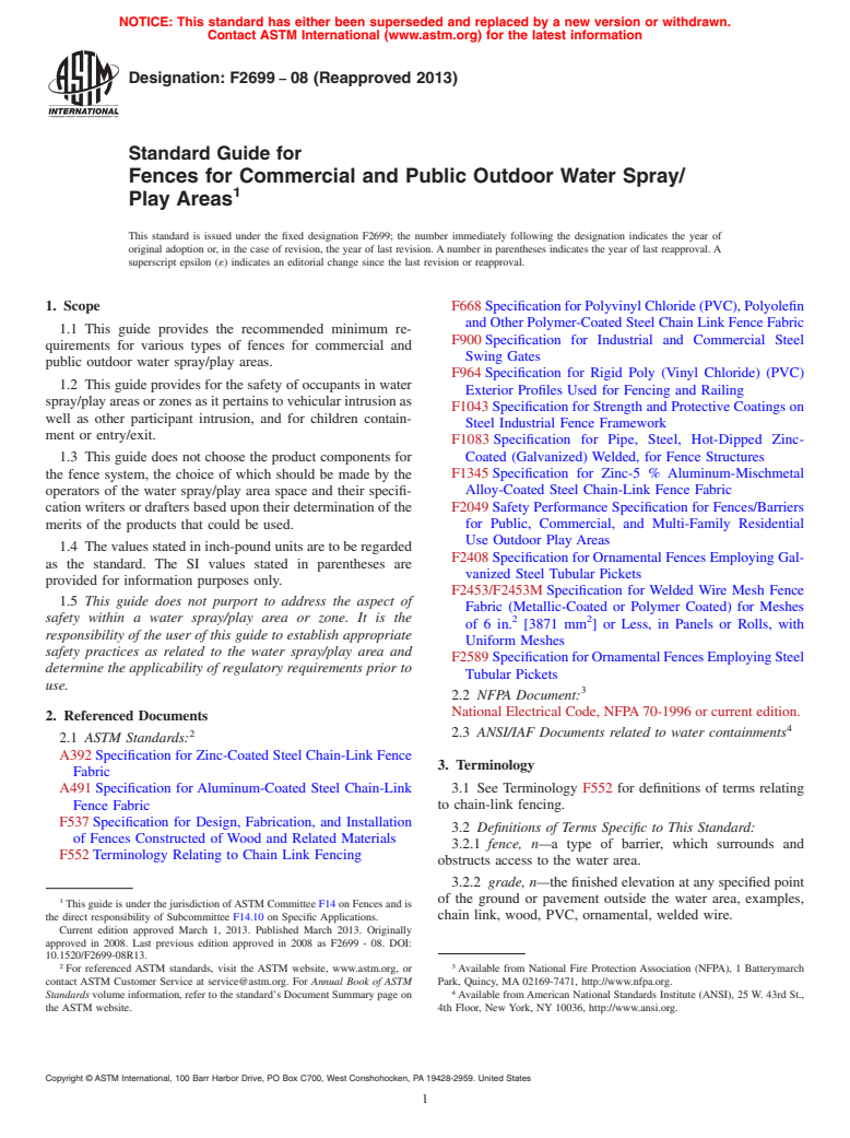 ASTM F2699-08(2013) - Standard Guide for Fences for Commercial and Public Outdoor Water Spray/Play Areas