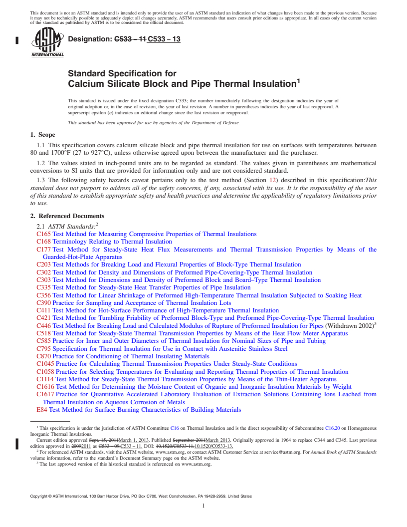 REDLINE ASTM C533-13 - Standard Specification for  Calcium Silicate Block and Pipe Thermal Insulation