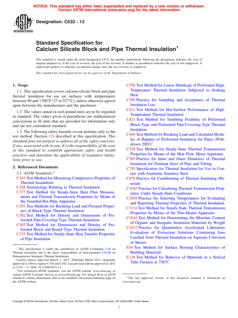 ASTM C533-13 - Standard Specification for  Calcium Silicate Block and Pipe Thermal Insulation