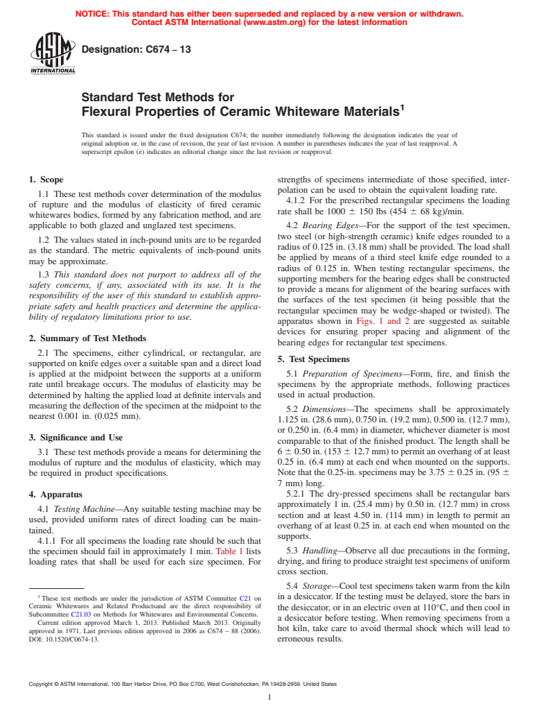 ASTM C674-13 - Standard Test Methods for  Flexural Properties of Ceramic Whiteware Materials