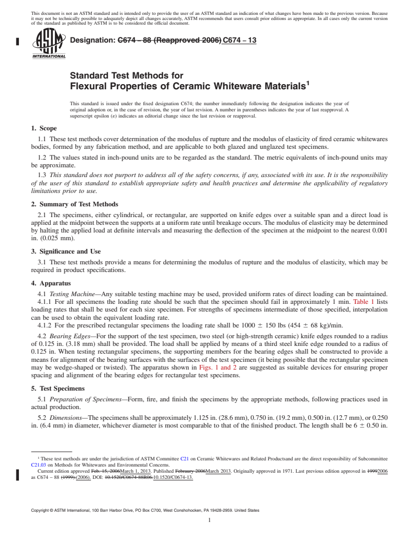 REDLINE ASTM C674-13 - Standard Test Methods for  Flexural Properties of Ceramic Whiteware Materials