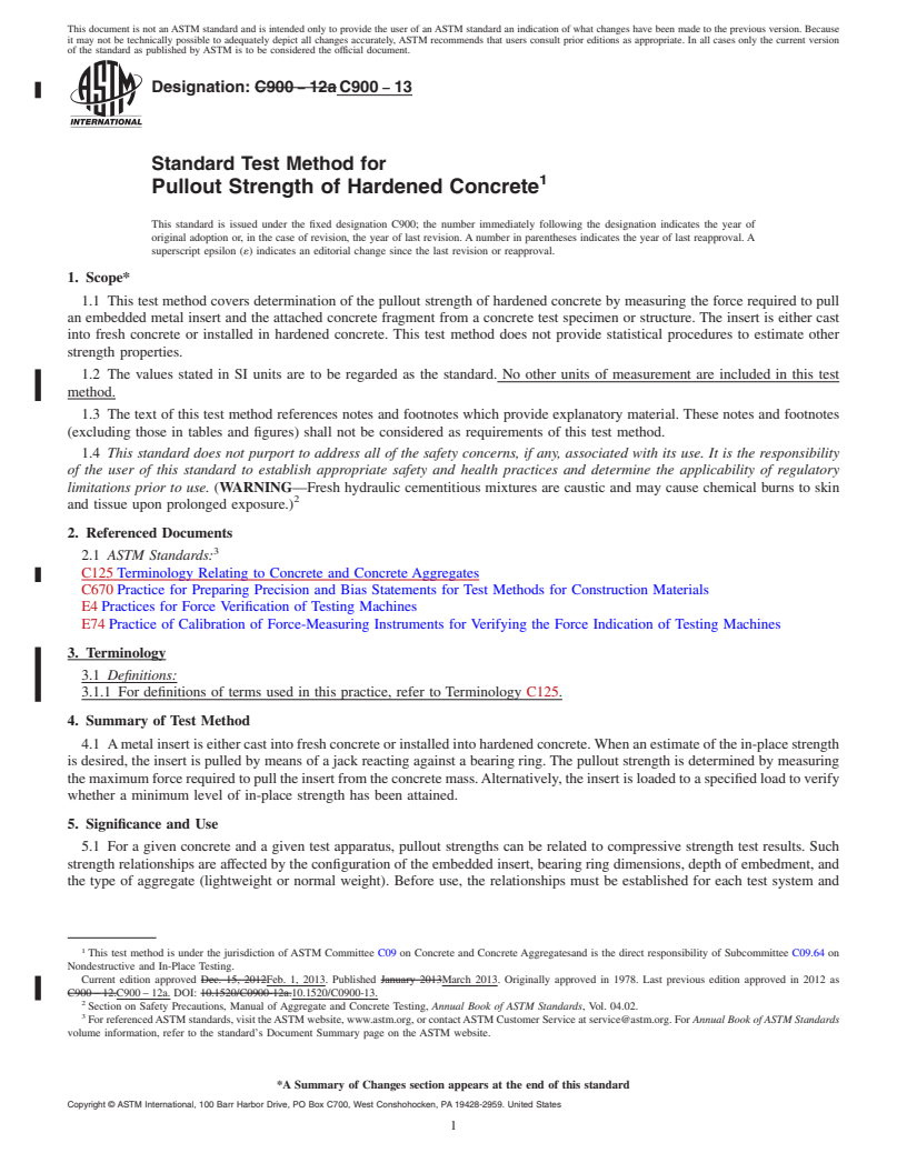 REDLINE ASTM C900-13 - Standard Test Method for  Pullout Strength of Hardened Concrete