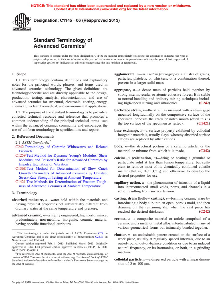 ASTM C1145-06(2013) - Standard Terminology of  Advanced Ceramics