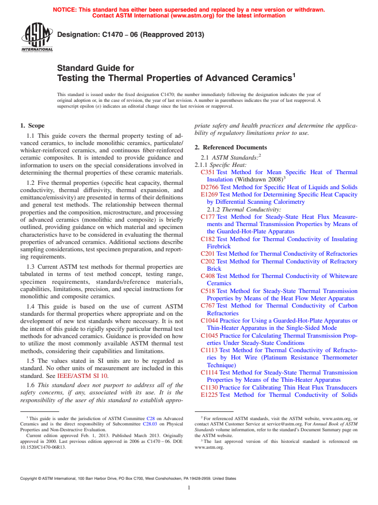 ASTM C1470-06(2013) - Standard Guide for  Testing the Thermal Properties of Advanced Ceramics