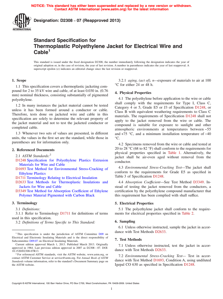 ASTM D2308-07(2013) - Standard Specification for  Thermoplastic Polyethylene Jacket for Electrical Wire and Cable