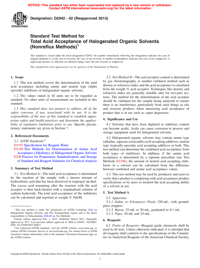 ASTM D2942-02(2013) - Standard Test Method for  Total Acid Acceptance of Halogenated Organic Solvents (Nonreflux  Methods)