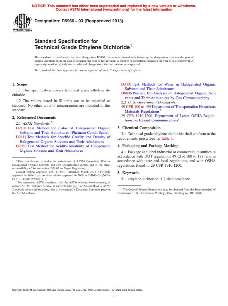 ASTM D5960-03(2013) - Standard Specification for  Technical Grade Ethylene Dichloride