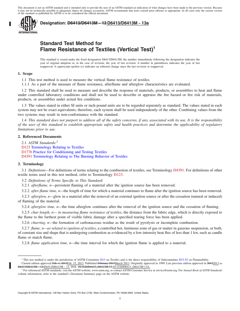 REDLINE ASTM D6413/D6413M-13a - Standard Test Method for  Flame Resistance of Textiles (Vertical Test)