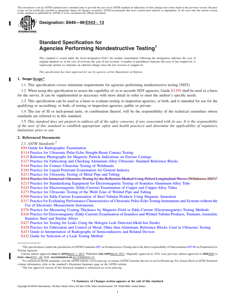 REDLINE ASTM E543-13 - Standard Specification for  Agencies Performing Nondestructive Testing