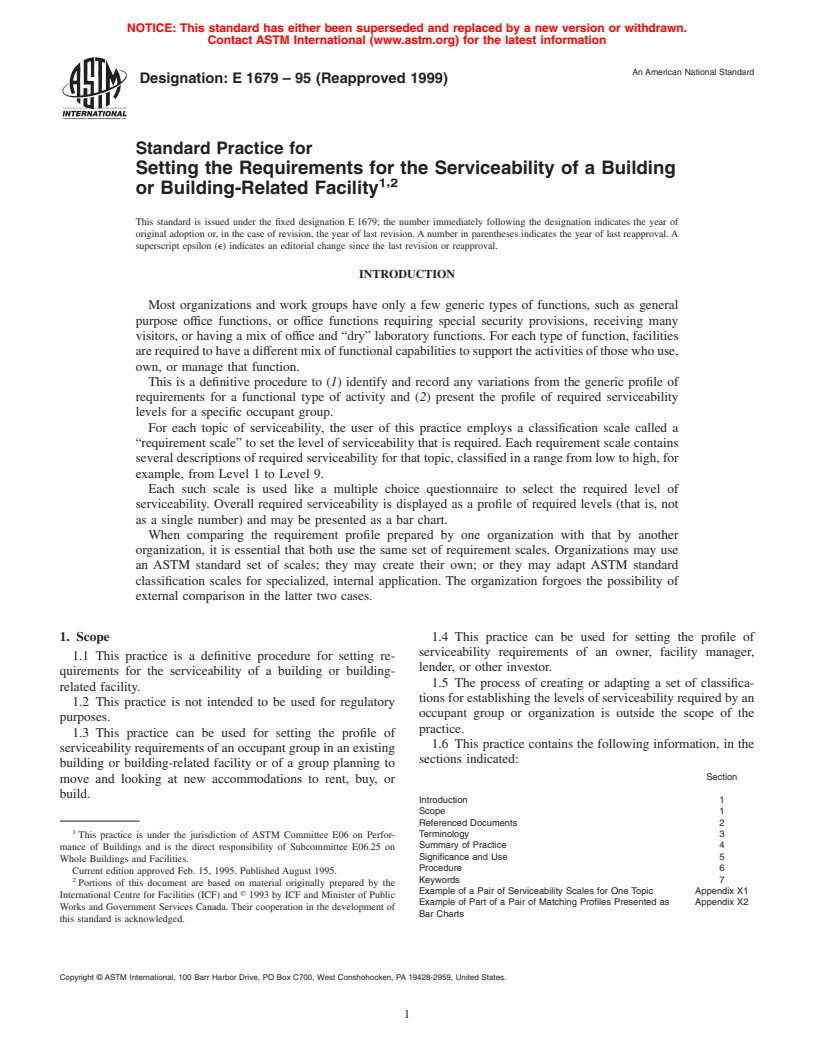 ASTM E1679-95(1999) - Standard Practice for Setting the Requirements for the Serviceability of a Building or Building-Related Facility