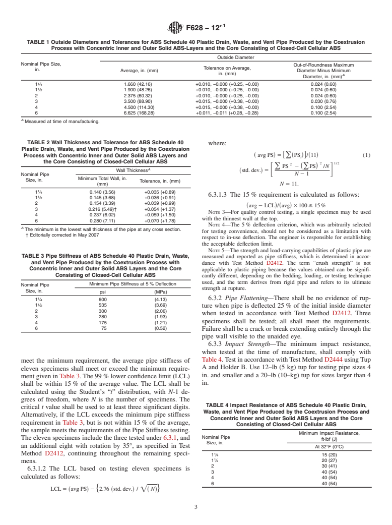 ASTM F628-12e1 - Standard Specification for  Acrylonitrile-Butadiene-Styrene (ABS) Schedule 40 Plastic Drain,  Waste, and Vent Pipe With a Cellular Core