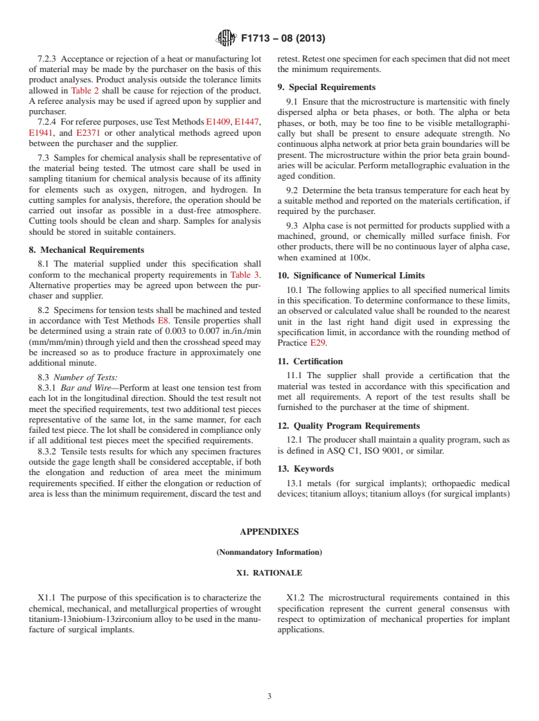 ASTM F1713-08(2013) - Standard Specification for  Wrought Titanium-13Niobium-13Zirconium Alloy for Surgical Implant  Applications (UNS R58130)