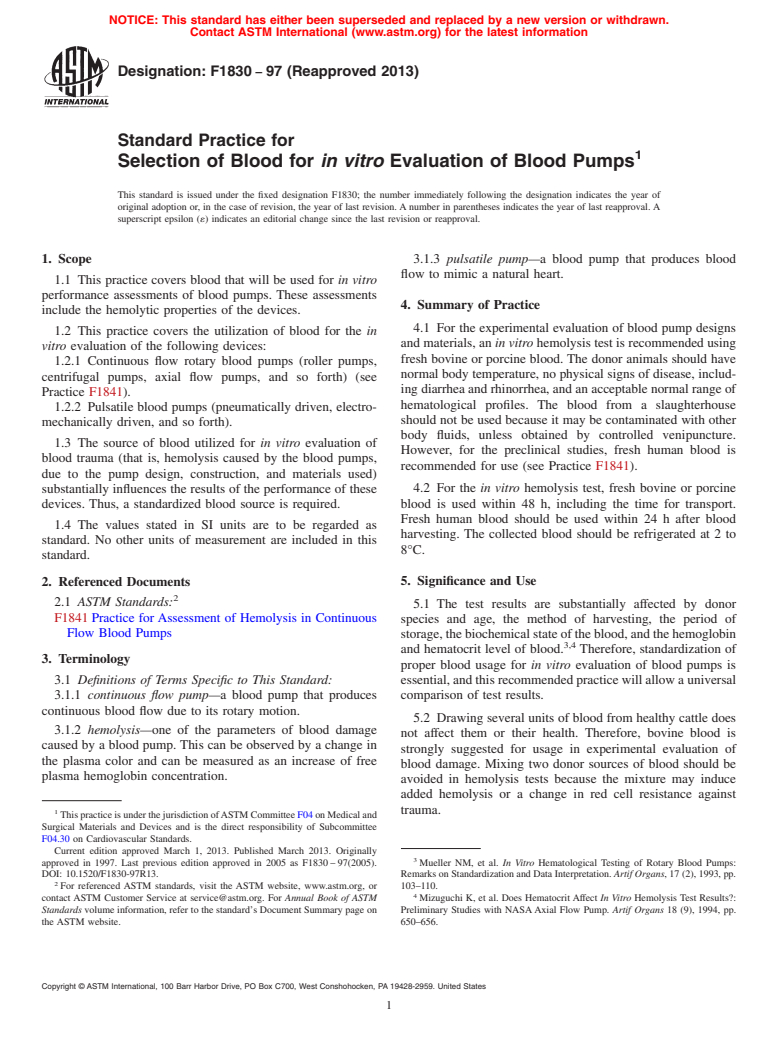 ASTM F1830-97(2013) - Standard Practice for  Selection of Blood for <emph type="bdit">in vitro</emph> Evaluation  of Blood Pumps