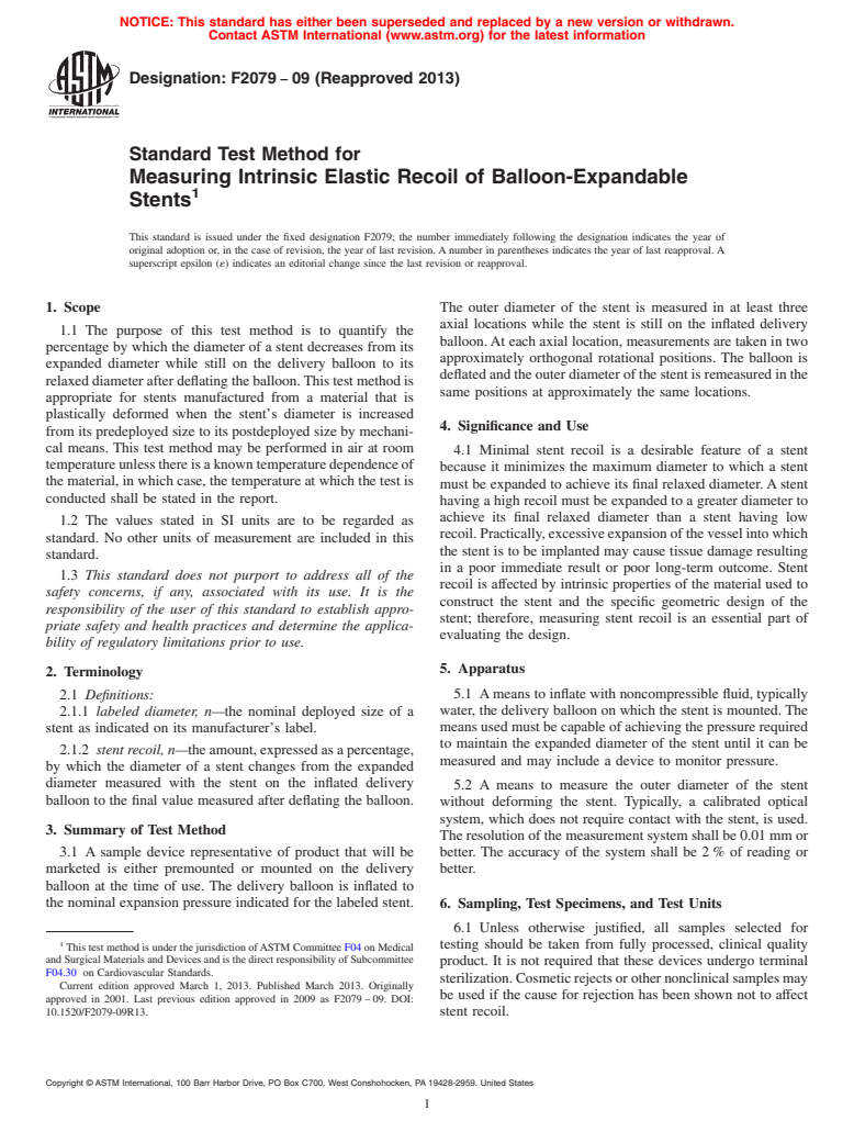 ASTM F2079-09(2013) - Standard Test Method for  Measuring Intrinsic Elastic Recoil of Balloon-Expandable Stents