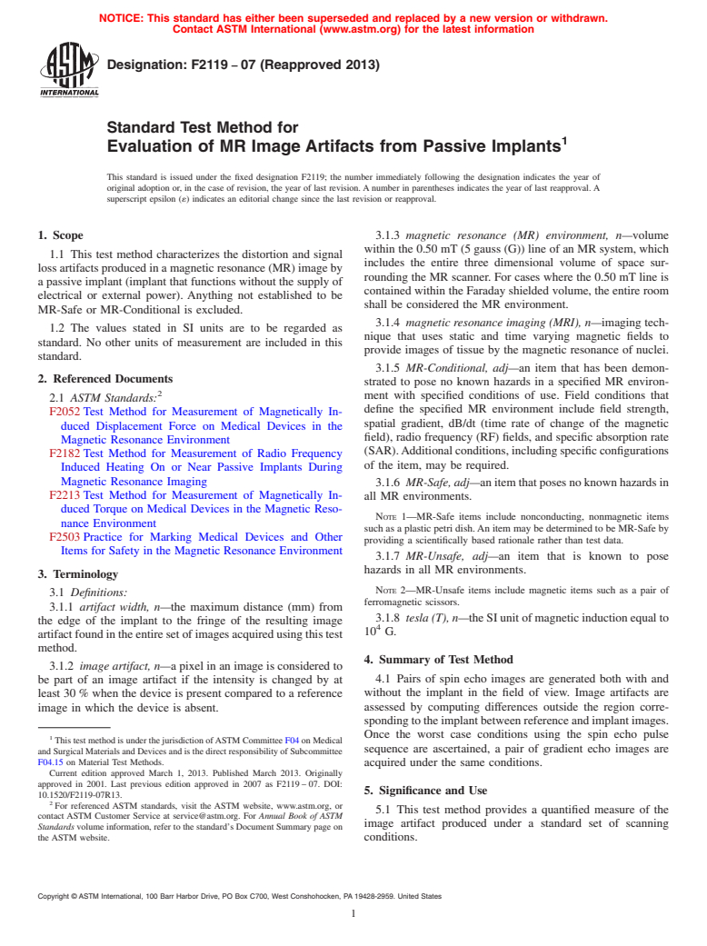 ASTM F2119-07(2013) - Standard Test Method for  Evaluation of MR Image Artifacts from Passive Implants (Withdrawn 2022)