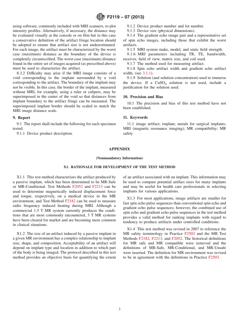 ASTM F2119-07(2013) - Standard Test Method for  Evaluation of MR Image Artifacts from Passive Implants (Withdrawn 2022)