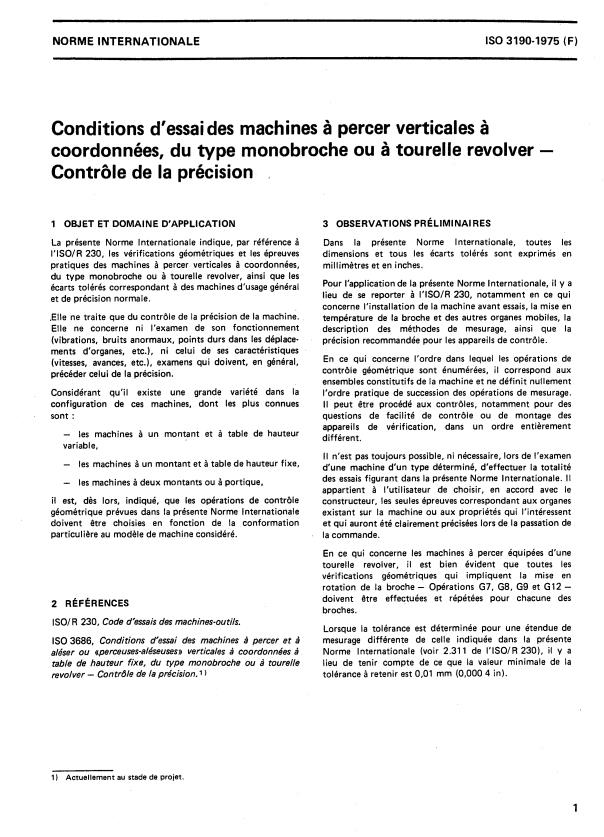 ISO 3190:1975 - Conditions d'essai des machines a percer verticales a coordonnées, du type monobroche ou a tourelle revolver -- Contrôle de la précision