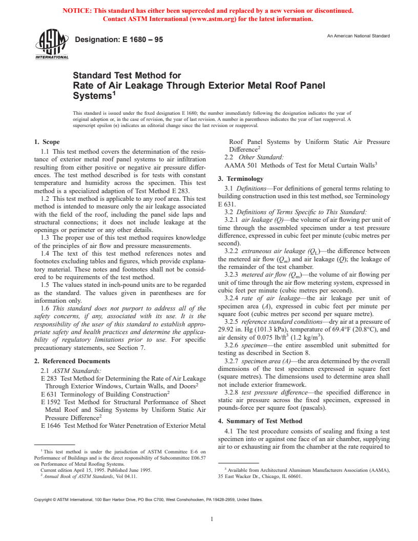 ASTM E1680-95 - Standard Test Method for Rate of Air Leakage Through Exterior Metal Roof Panel Systems