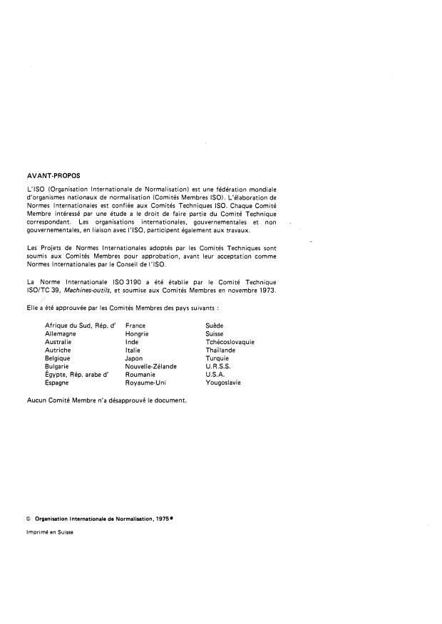 ISO 3190:1975 ISO 3190:1975 - Conditions d'essai des machines a percer verticales a coordonnées, du type monobroche ou a tourelle revolver -- Contrôle de la précision - Page 2 preview