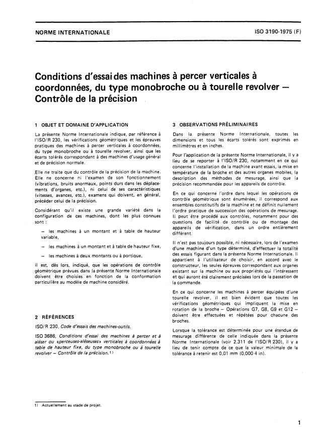 ISO 3190:1975 - Conditions d'essai des machines a percer verticales a coordonnées, du type monobroche ou a tourelle revolver -- Contrôle de la précision