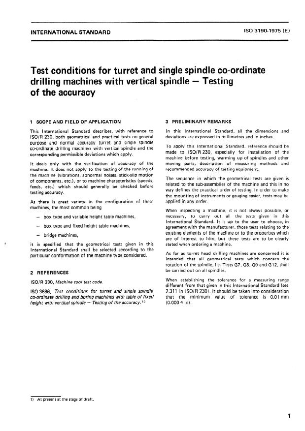 ISO 3190:1975 - Test conditions for turret and single spindle co-ordinate drilling machines with vertical spindle -- Testing of the accuracy