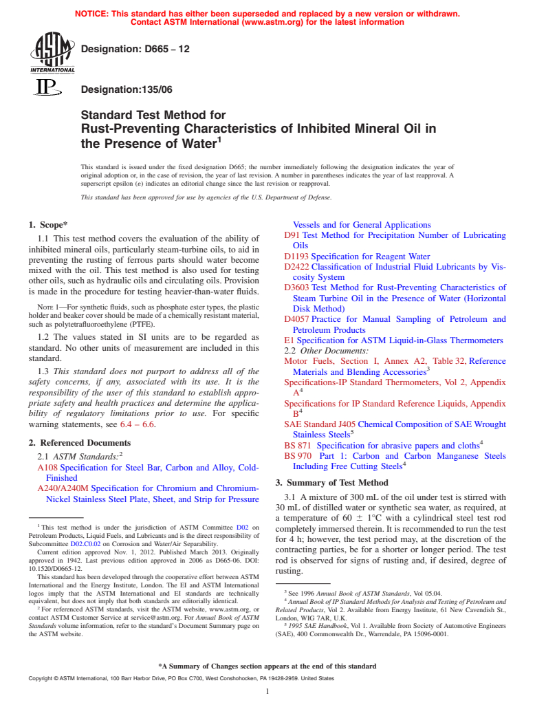 ASTM D665-12 - Standard Test Method for Rust-Preventing Characteristics of Inhibited Mineral Oil in  the Presence of Water