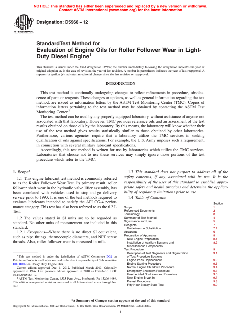 ASTM D5966-12 - Standard Test Method for Evaluation of Engine Oils for Roller Follower Wear in Light-Duty   Diesel Engine