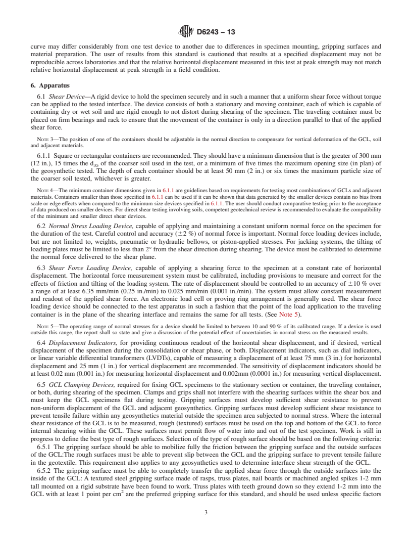 REDLINE ASTM D6243-13 - Standard Test Method for  Determining the Internal and Interface Shear Resistance of   Geosynthetic Clay Liner by the Direct Shear Method