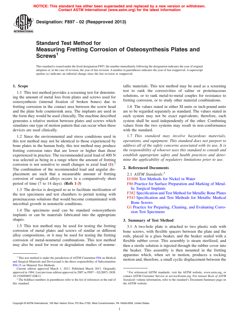 ASTM F897-02(2013) - Standard Test Method for  Measuring Fretting Corrosion of Osteosynthesis Plates and Screws