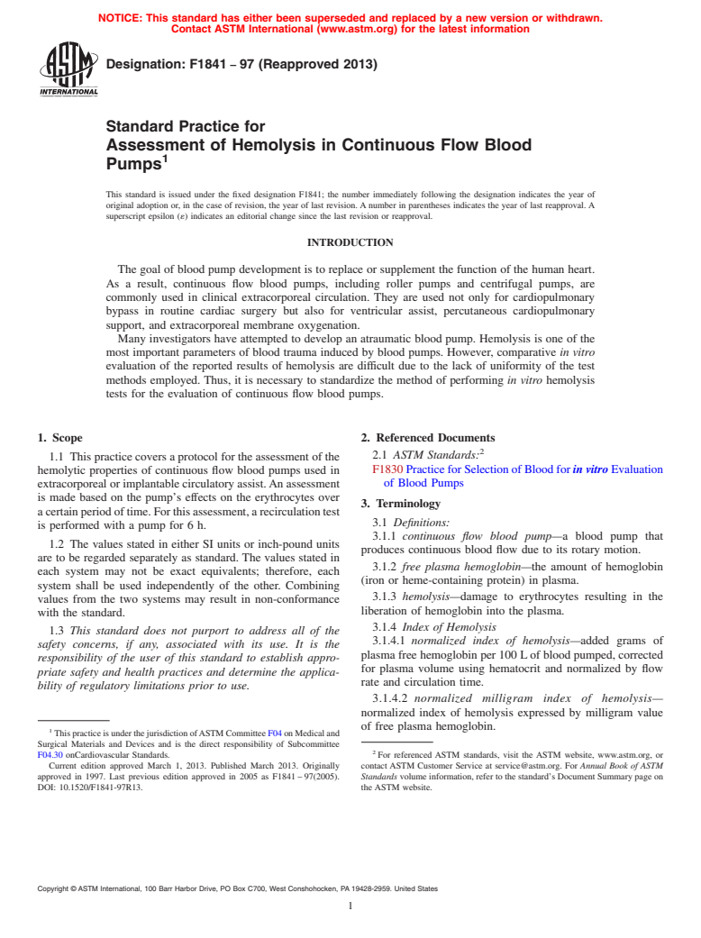 ASTM F1841-97(2013) - Standard Practice for  Assessment of Hemolysis in Continuous Flow Blood Pumps