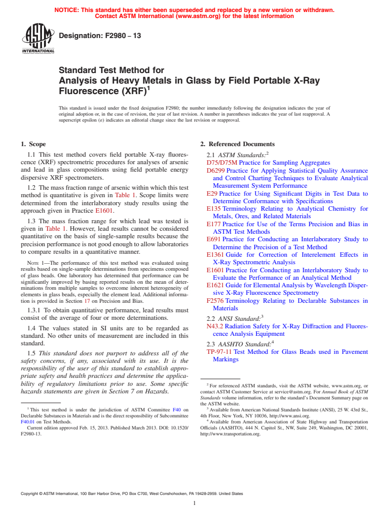 ASTM F2980-13 - Standard Test Method for Analysis of Heavy Metals in Glass by Field Portable X-Ray Fluorescence  (XRF)