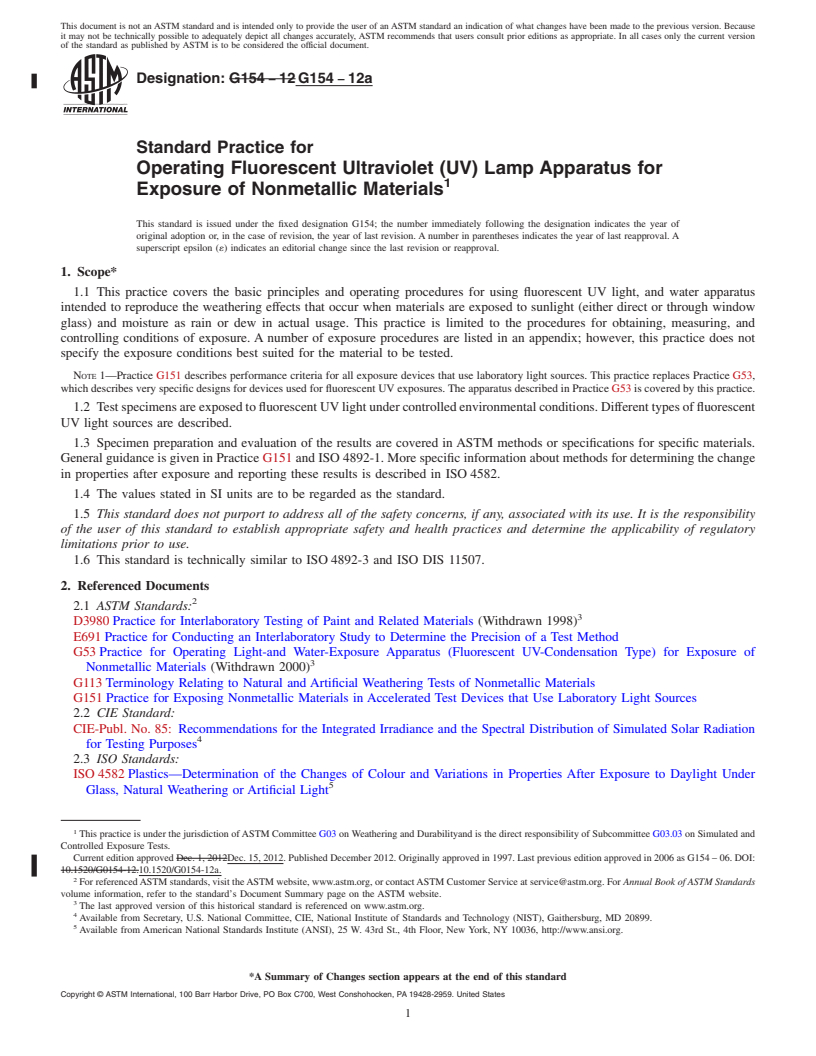 REDLINE ASTM G154-12a - Standard Practice for  Operating Fluorescent Ultraviolet (UV) Lamp Apparatus for Exposure  of Nonmetallic Materials