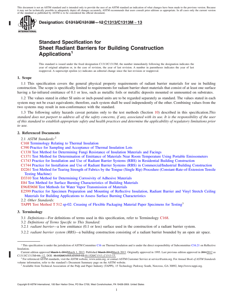 REDLINE ASTM C1313/C1313M-13 - Standard Specification for  Sheet Radiant Barriers for Building Construction Applications