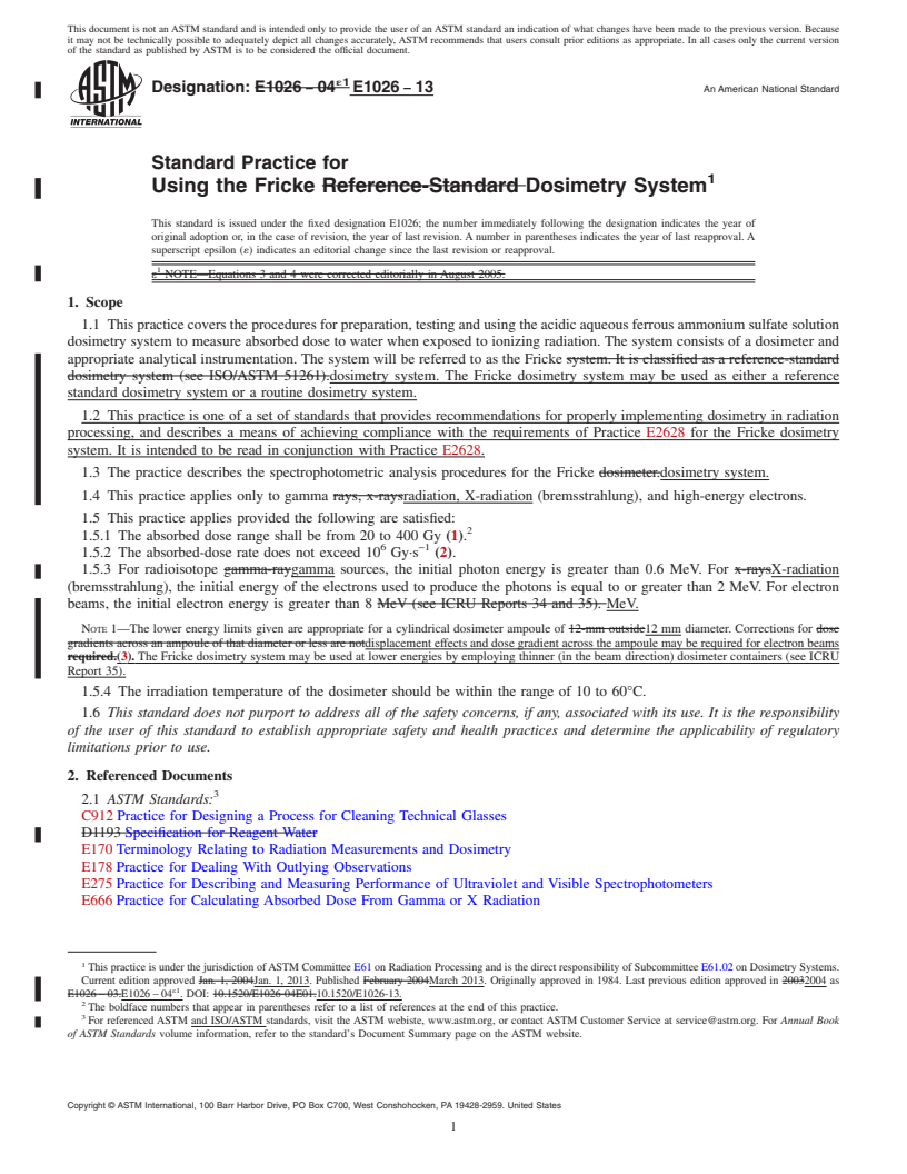 REDLINE ASTM E1026-13 - Standard Practice for  Using the Fricke Dosimetry System