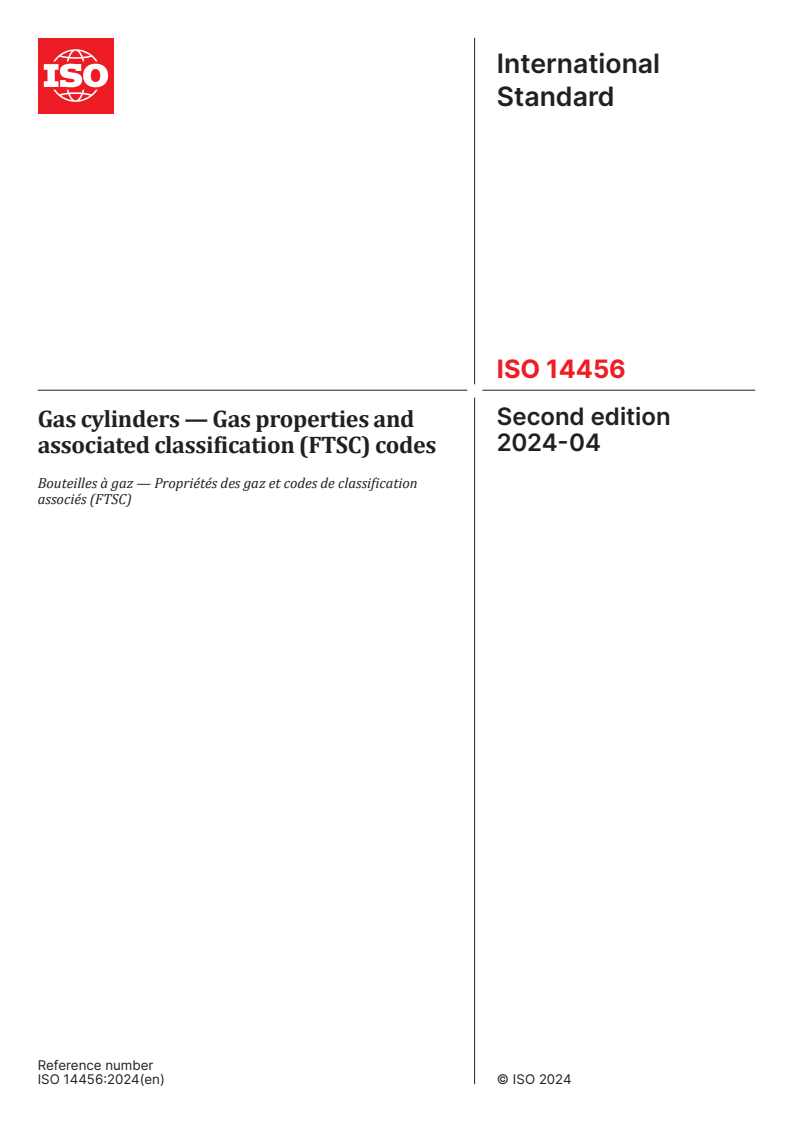 ISO 14456:2024 - Gas cylinders — Gas properties and associated classification (FTSC) codes
Released:23. 04. 2024