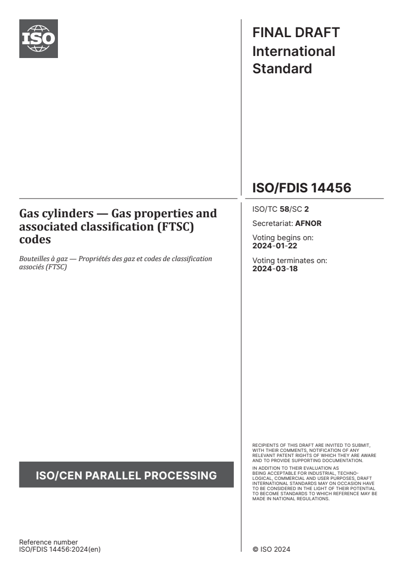 ISO/FDIS 14456 - Gas cylinders — Gas properties and associated classification (FTSC) codes
Released:8. 01. 2024